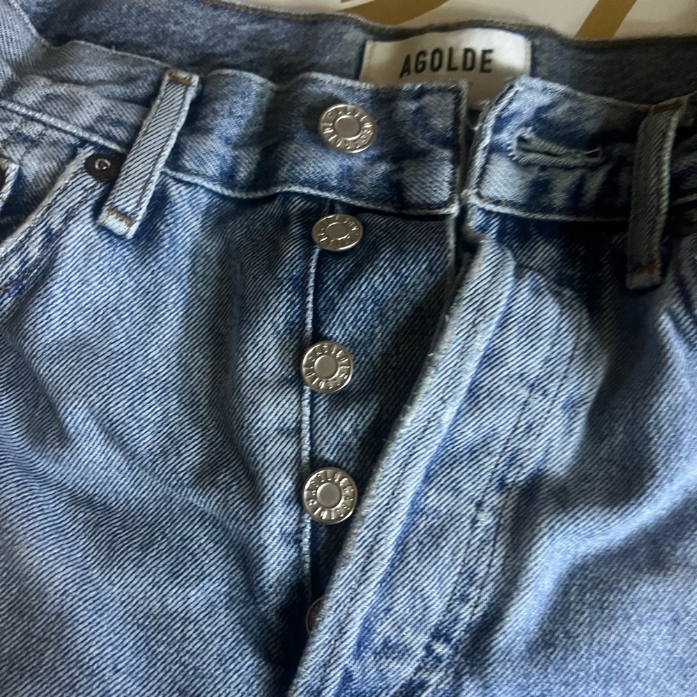 Agolde Light Blue Frayed Denim Shorts - Picture 3 of 7